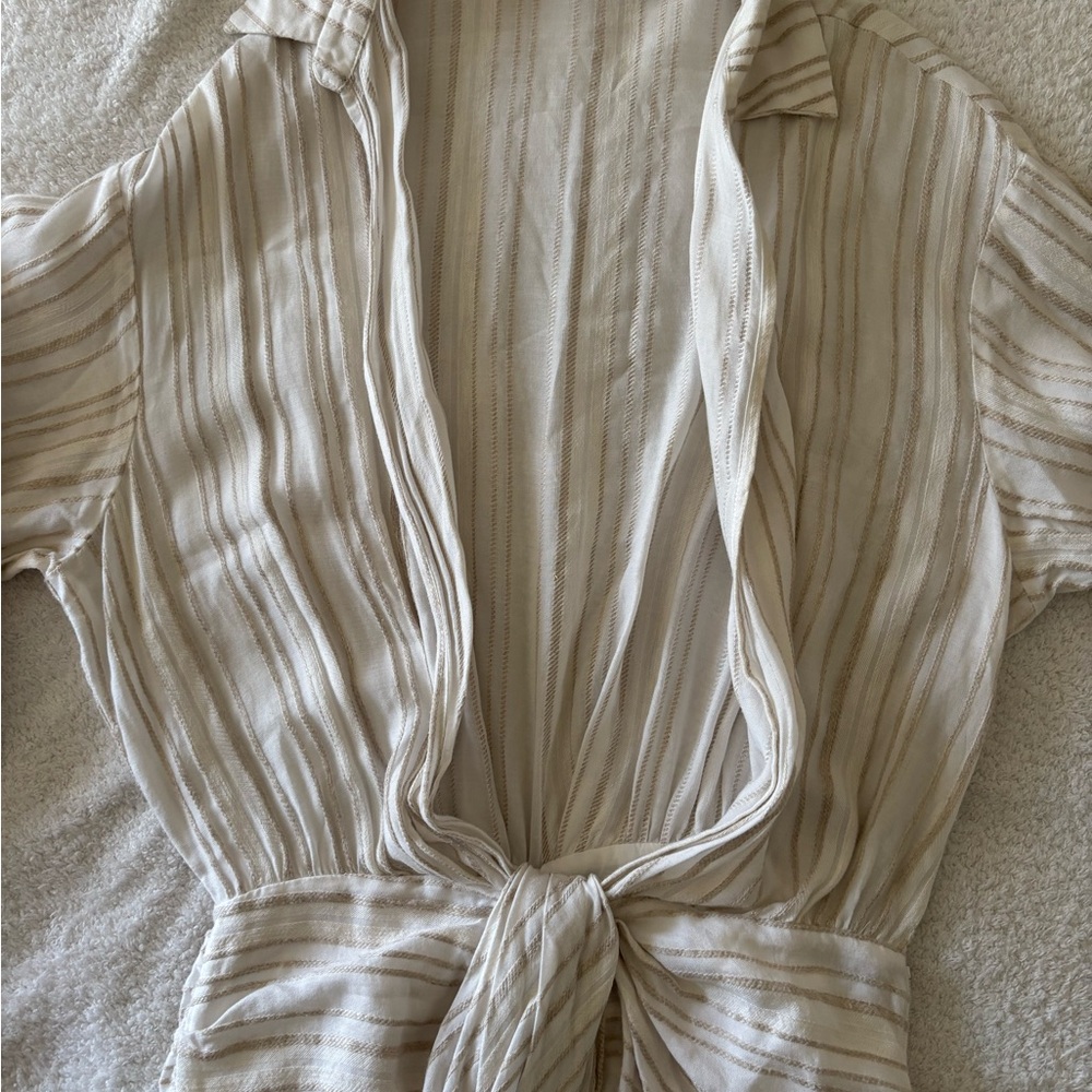 House of CB Natural Striped Linen Draped Shirt Mini Dress Size Small - Picture 9 of 16